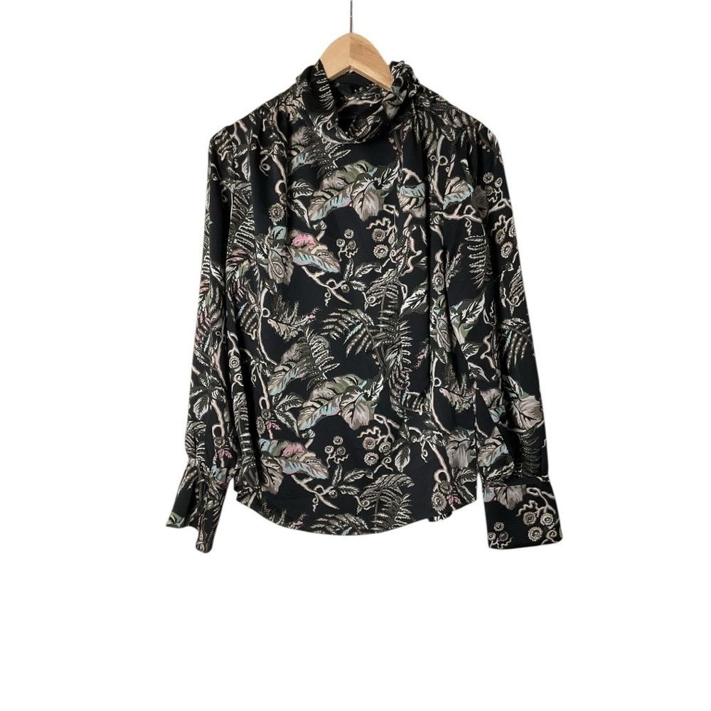 Banana Republic Top Side Tie Black Floral Long Sleeve Blouse S
